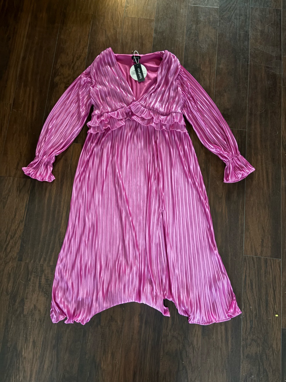 Boohoo Shiny Pleated Pink Ruffle Waist Dress